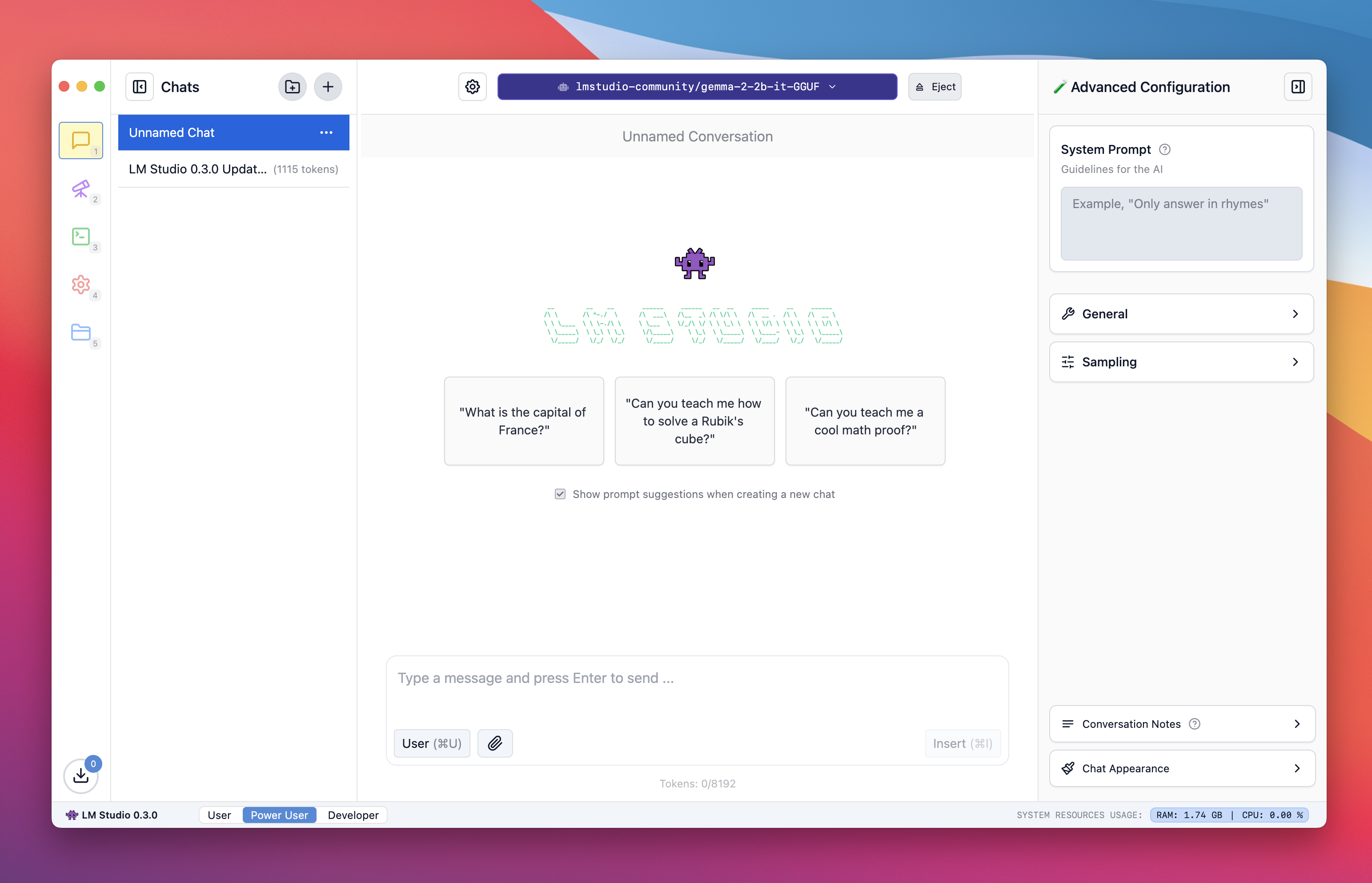 LM Studio 0.3.0 chat screen